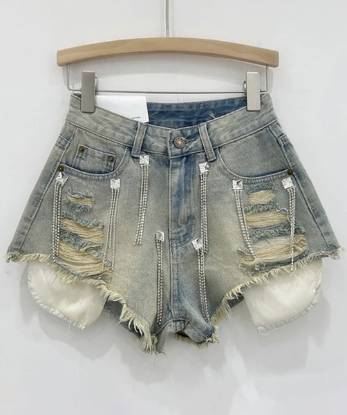 Women Color Fashion Ripped Bling Tassel Denim Shorts