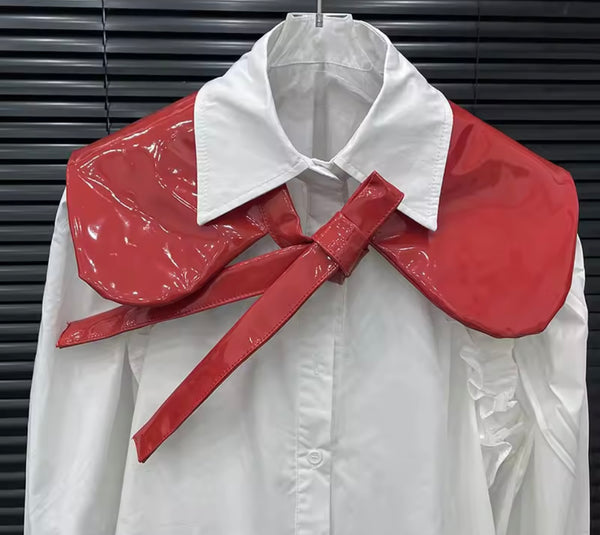 Women Button Up Full Sleeve PU Shawl Two Piece Top