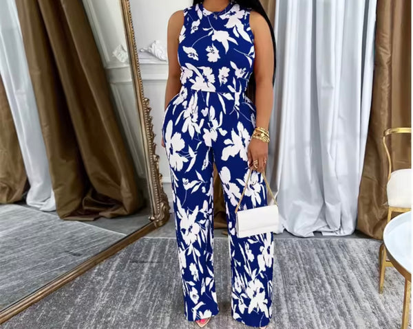Women Sleeveless Color Floral Print Two Piece Pant Set