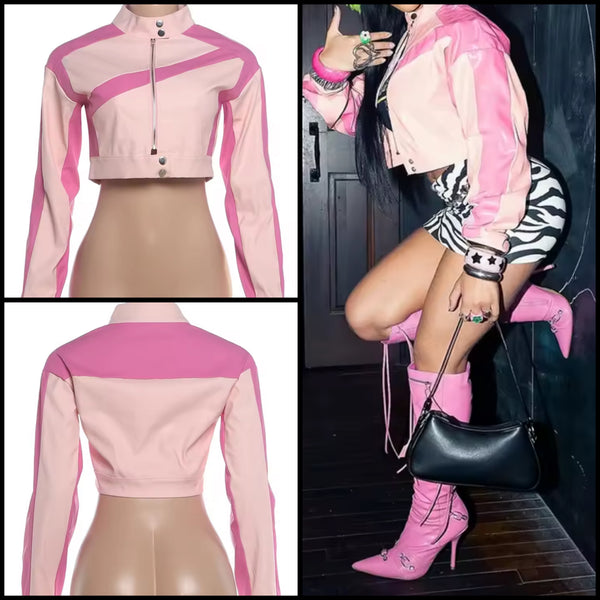 Women Pink Fashion Zip Up Button Faux Leather Crop Jacket