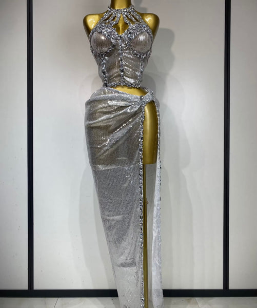 Women Sexy Halter Sleeveless Sequins Crystal Two Piece Maxi Skirt Set