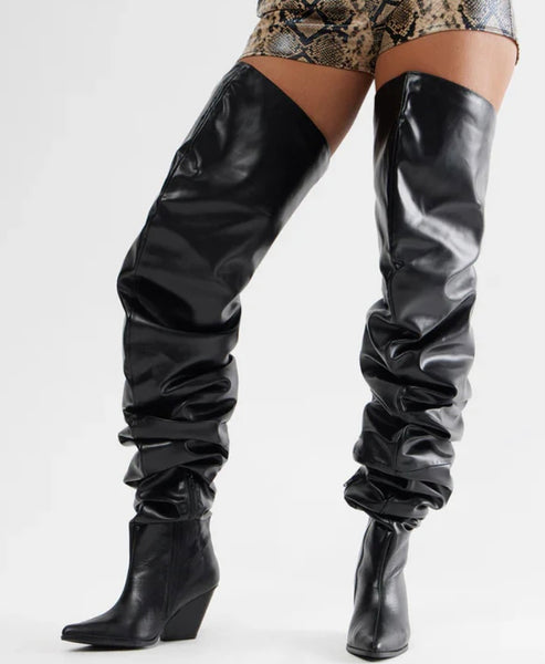 Women Black Over The Knee Faux Leather Western Boots
