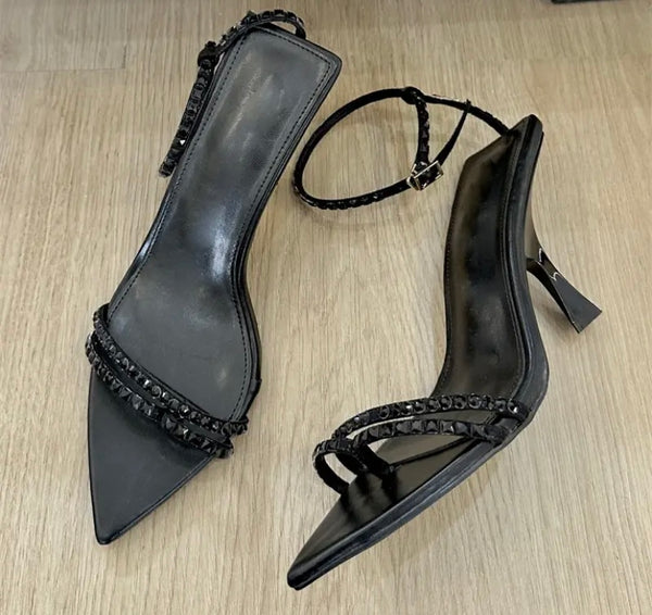 Women Pointed Toe Fashion Rhinestone Ankle Strap Sandals