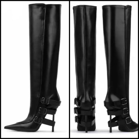 Women Black Buckled Pointed Toe Fashion Knee High Boots