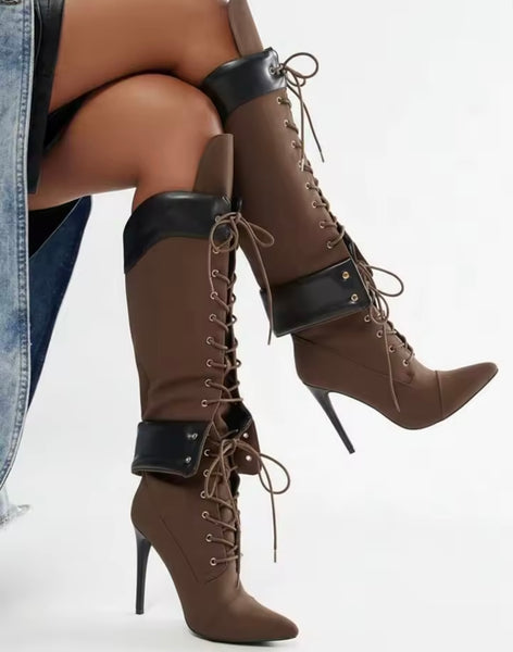 Women Fashion Pointed Toe Suede Tie Up Knee High Boots