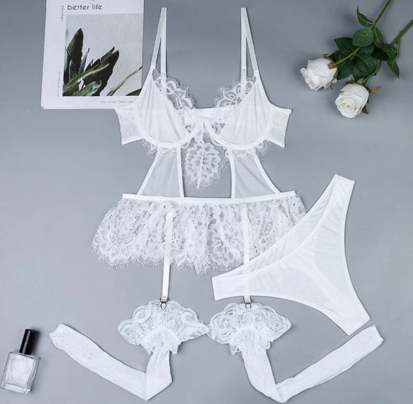 Women Sexy Sleeveless Lace Mesh Bodysuit Lingerie Set