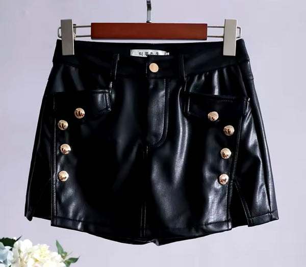 Women Color Fashion Faux Leather Button Wrap Shorts