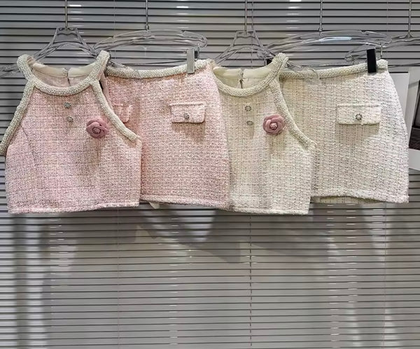 Women Bling Sleeveless Tweed Two Piece Sexy Skirt Set