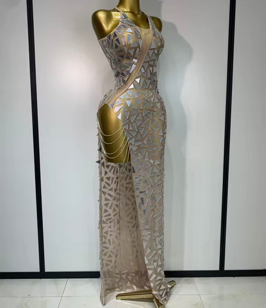 Women Sexy Sleeveless Chain Mirror Mesh Maxi Dress