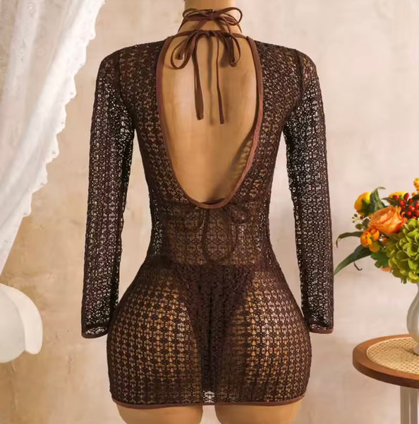 Women Sexy Halter Bikini Mesh Dress Cover Up Set