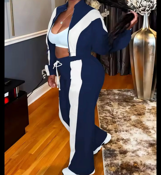 Women Fashion Zip Up Striped Tracksuit Two Piece Pant Set