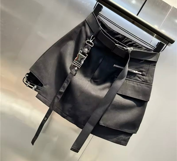 Women Black Pocket Zipper Fashion Buckled Skirt