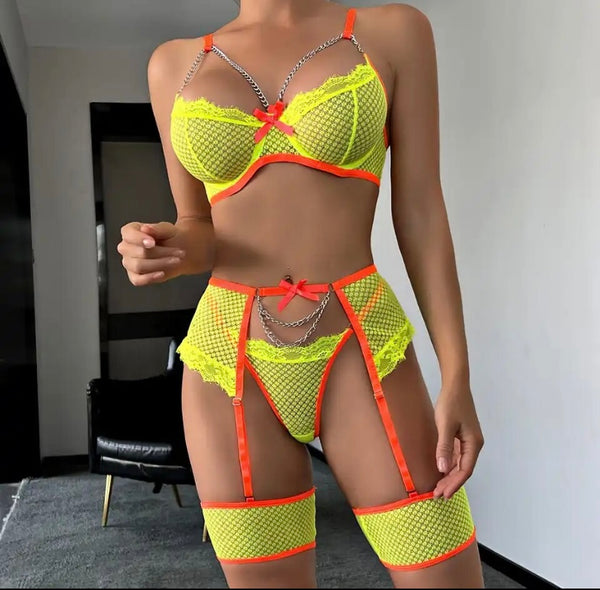 Women Sexy Chain Color Patchwork Lace Mesh Lingerie Set