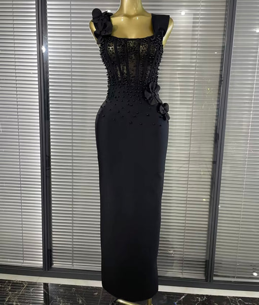 Women Sexy Sleeveless Beaded Floral Maxi Dress