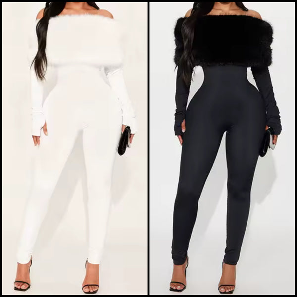 Women Fur Off The Shoulder Full Sleeve Fashion Jumpsuit