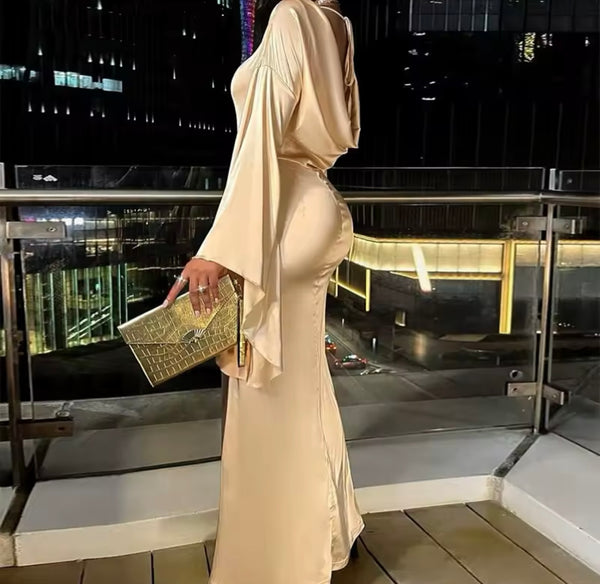 Women Sexy Satin Full Flare Sleeve Open Back Maxi Dress