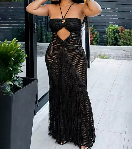 Women Sexy Halter Sleeveless Knitted Tassel Maxi Dress
