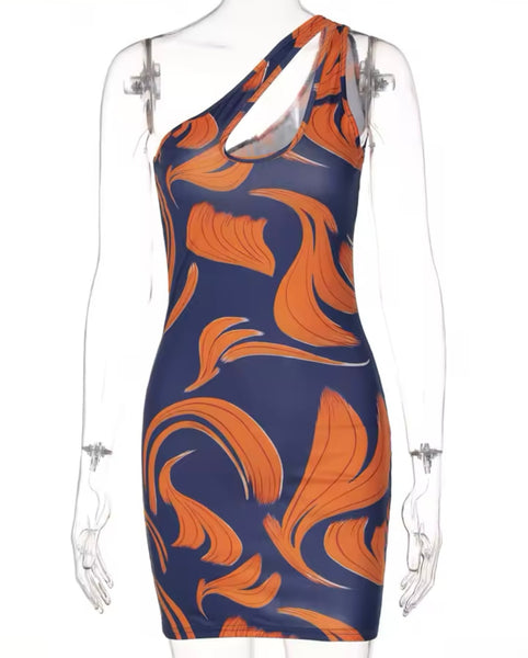 Women One Shoulder Colorful Cut Out Dress