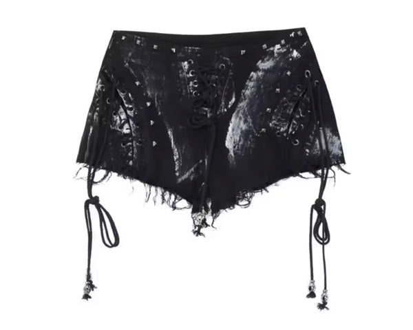 Women Fashion Rivet Tie Up Ripped Denim Shorts