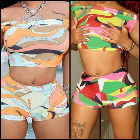 Women Off The Shoulder Sexy Colorful Print Two Piece Short Set