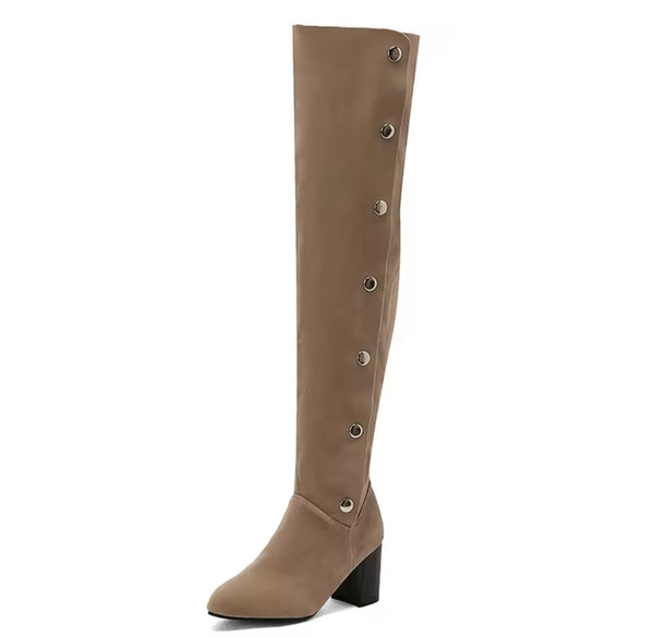 Women Color Suede Button Fashion Over The Knee Boots