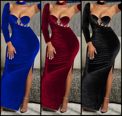 Women Sexy Velour One Shoulder Full Sleeve Maxi Dress