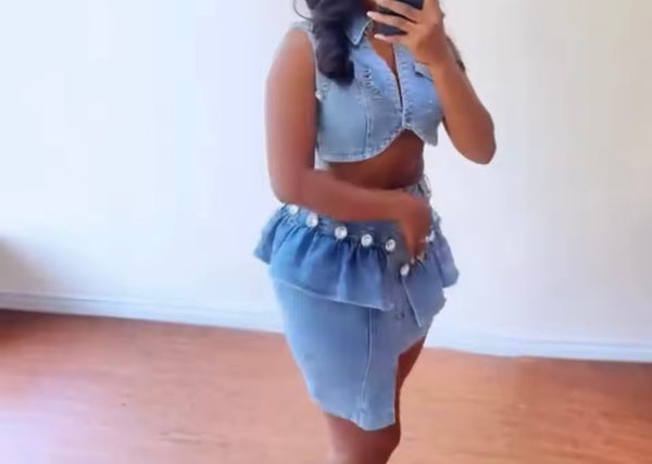 Women Sexy Bling Ruffled Denim Vest Two Piece Skirt Set