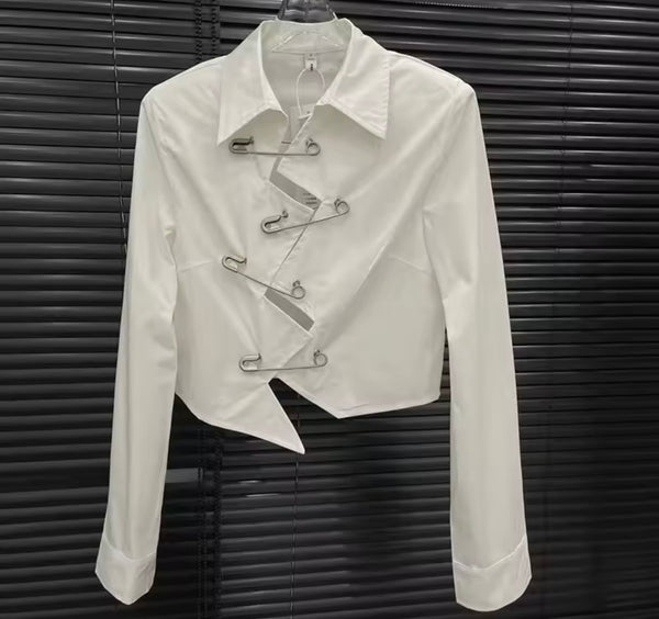 Women White Fashion Safety Pin Full Sleeve Top