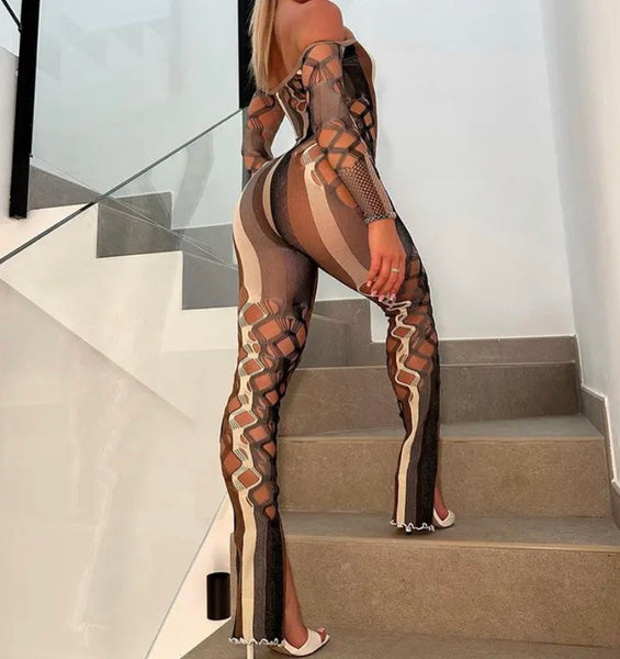 Women Sexy Multicolored Striped Cut Out Full Sleeve Mesh Jumpsuit