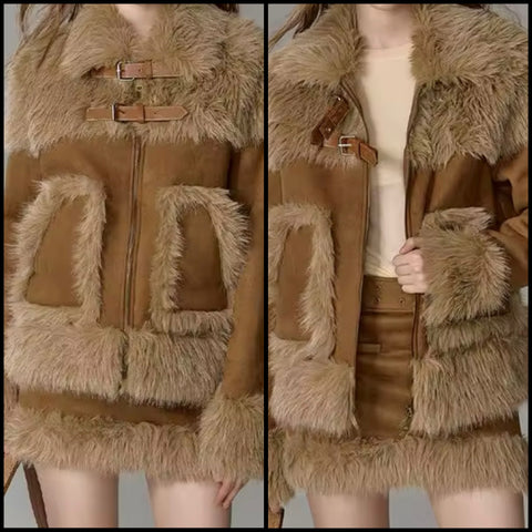 Women Fashion Fur Patchwork Suede Jacket Two Piece Skirt Set