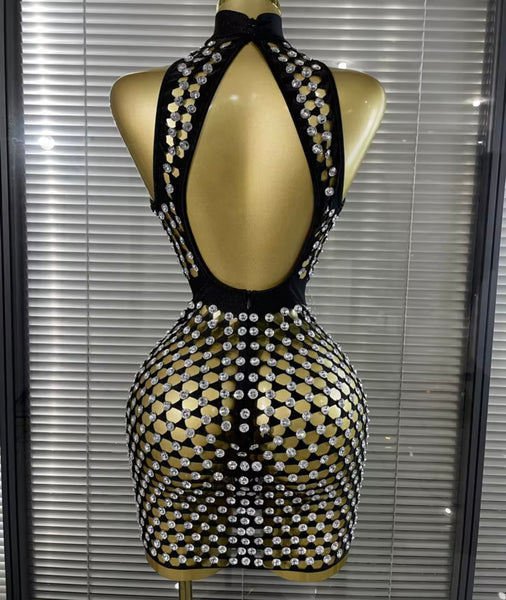 Women Sleeveless Open Back Rhinestone See Through Dress