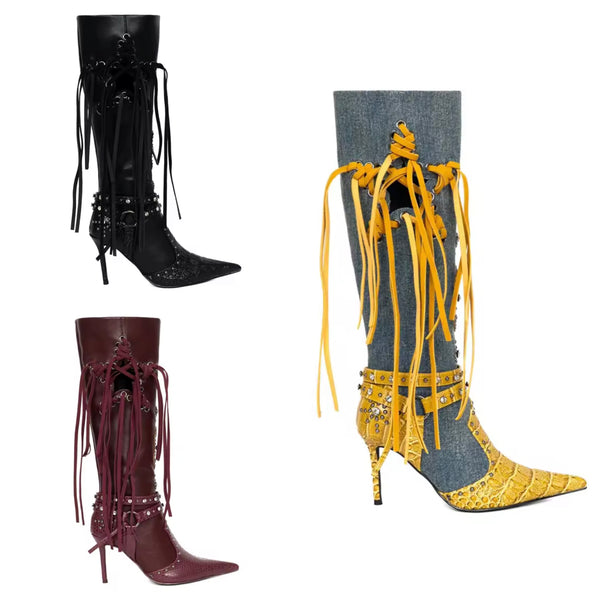 Women Pointed Toe Fringe Tassel Fashion Knee High Boots