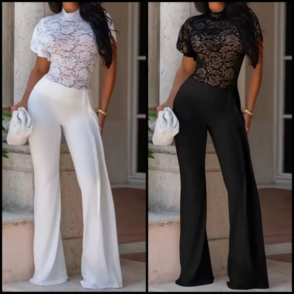 Women Lace Patchwork Short Sleeve Jumpsuit