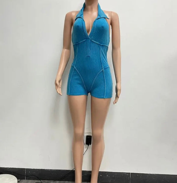Women Fashion Ribbed Sleeveless Solid Color Romper