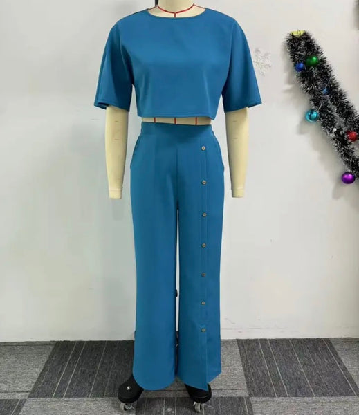 Women Fashion Button Short Sleeve Two Piece Pant Set