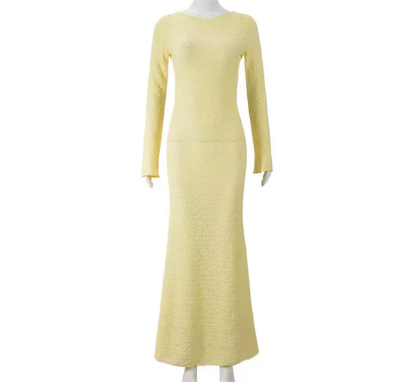Women Yellow Lace Open Back Full Sleeve Sexy Maxi Dress