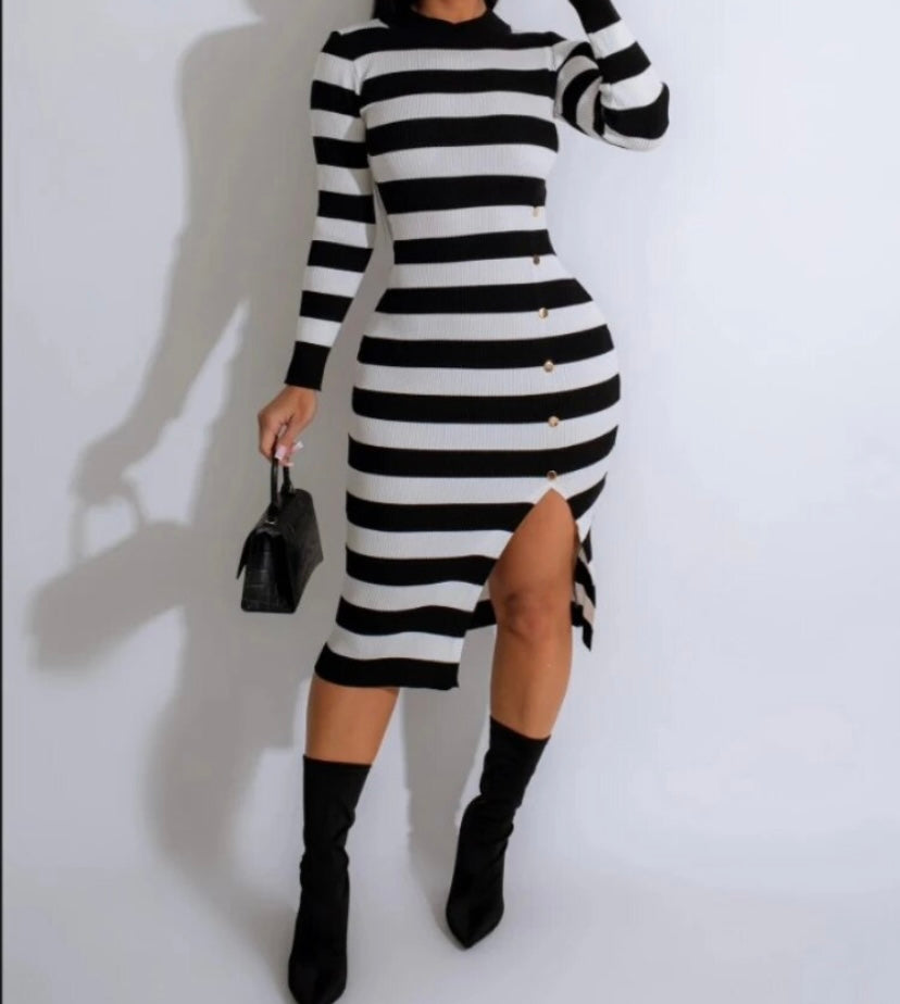 Women Sexy Striped Full Sleeve Button Dress