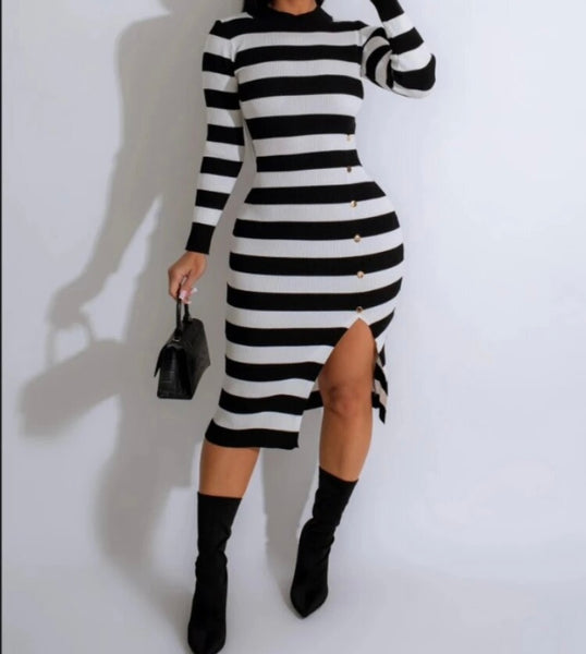 Women Sexy Striped Full Sleeve Button Dress