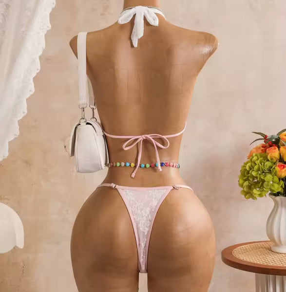 Women Sexy Tie Up Halter Lace Bikini Cover Up Set