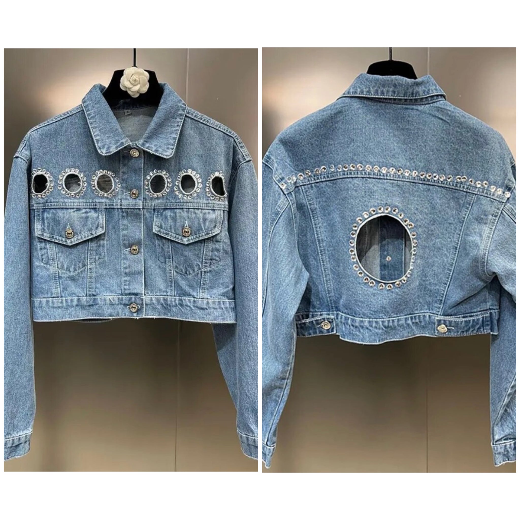 Women Fashion Cut Out Rhinestone Patchwork Denim Jacket