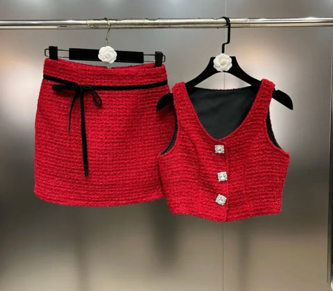 Women Sexy Sleeveless Red Button Up Two Piece Skirt Set