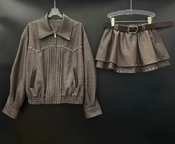 Women Rivet Zip Up Plaid Jacket Two Piece Ruffled Skirt Set