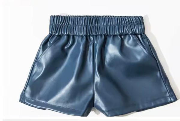 Women Fashion Color Elastic Waist Faux Leather Shorts