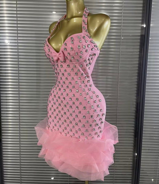 Women Sexy Halter Sleeveless Rhinestone Ruffle Dress