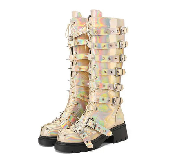 Women Fashion Platform Buckled Lace Up Knee High Boots