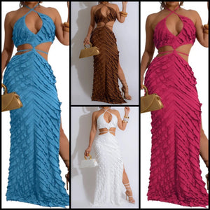 Women Sexy Halter Sleeveless Ruffled Cut Out Maxi Dress