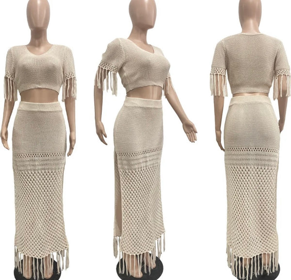 Women Sexy Short Sleeve Knitted Solid Color Two Piece Maxi Skirt Set