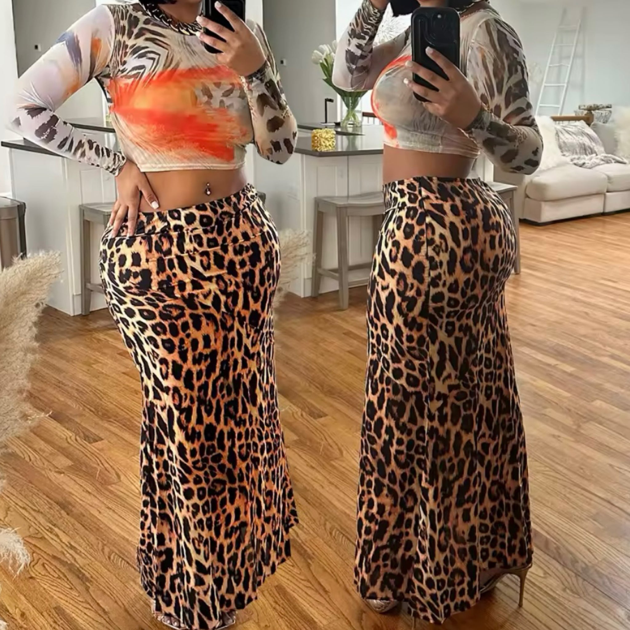 Women Printed Full Sleeve Leopard Two Piece Maxi Skirt Set