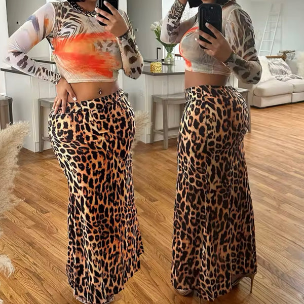 Women Printed Full Sleeve Leopard Two Piece Maxi Skirt Set