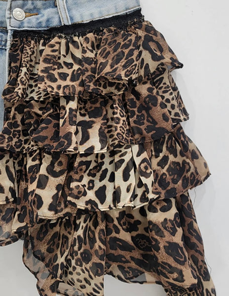 Women Sexy Fashion Leopard Print Asymmetrical Denim Skirt